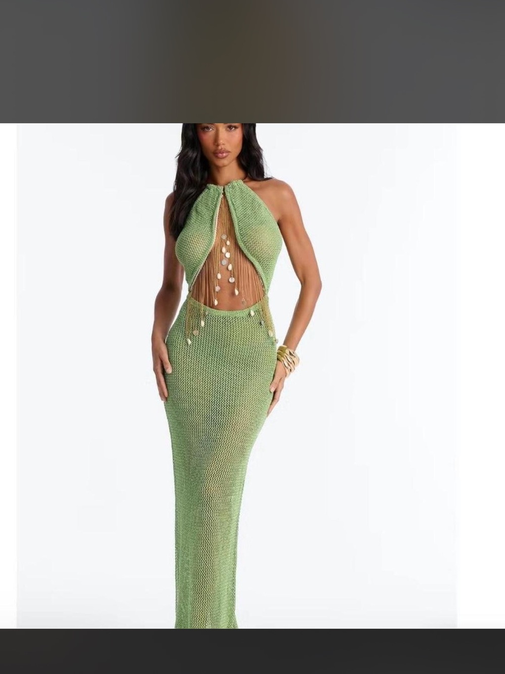 Fashion Nova Green Crochet Cutout Maxi Dress